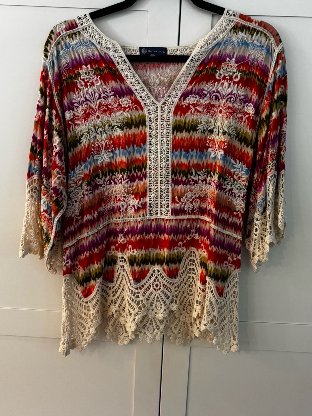 Democracy Multicolor Zigzag Crochet-Trim V-Neck Tunic